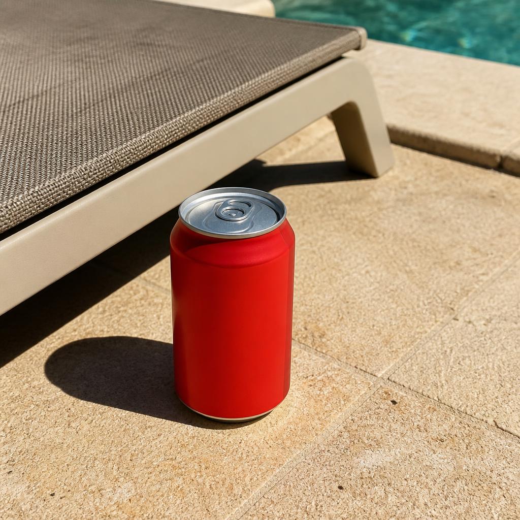 Rote Getränkedose steht in praller Sonne neben einer Liege am Pool.