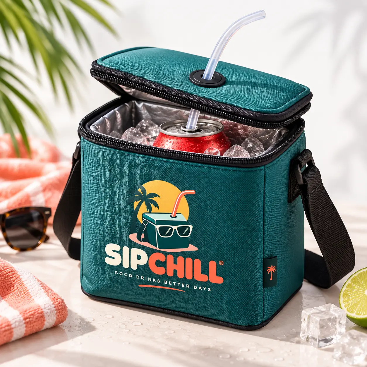 SIPCHILL Kühltasche in Dunkelpetrol mit geöffnetem Deckel, Dose im Eis und Trinkschlauch.