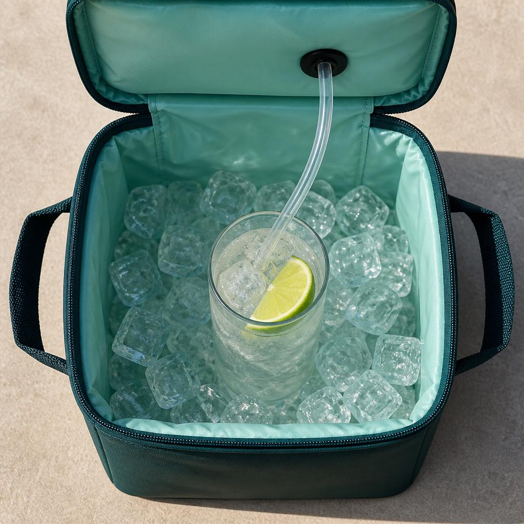 Geöffnete Kühltasche von oben mit Longdrinkglas, Limette, Eis und Trinkschlauch.