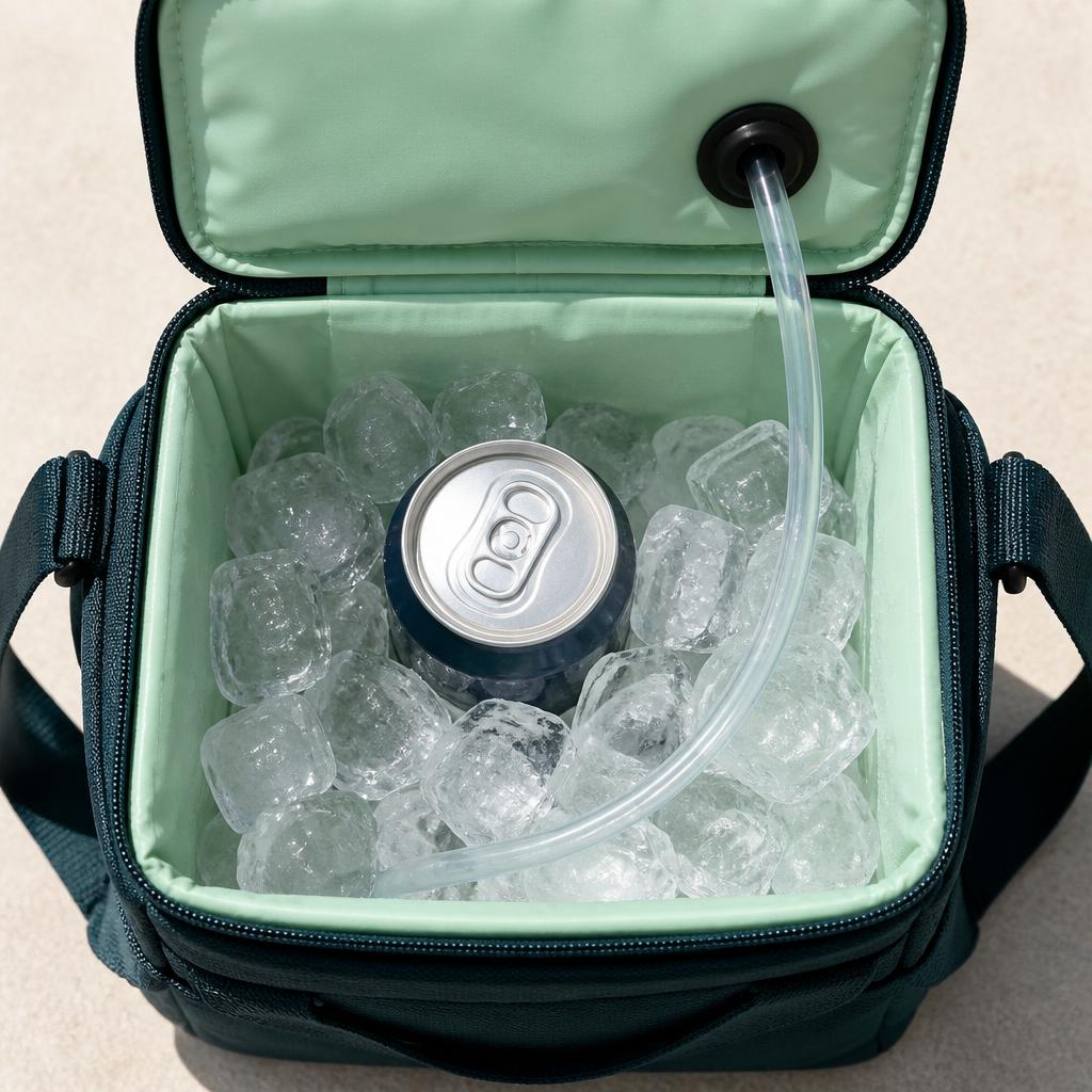 Geöffnete Kühltasche von oben mit 330-ml-Dose im Eis und Trinkschlauch.