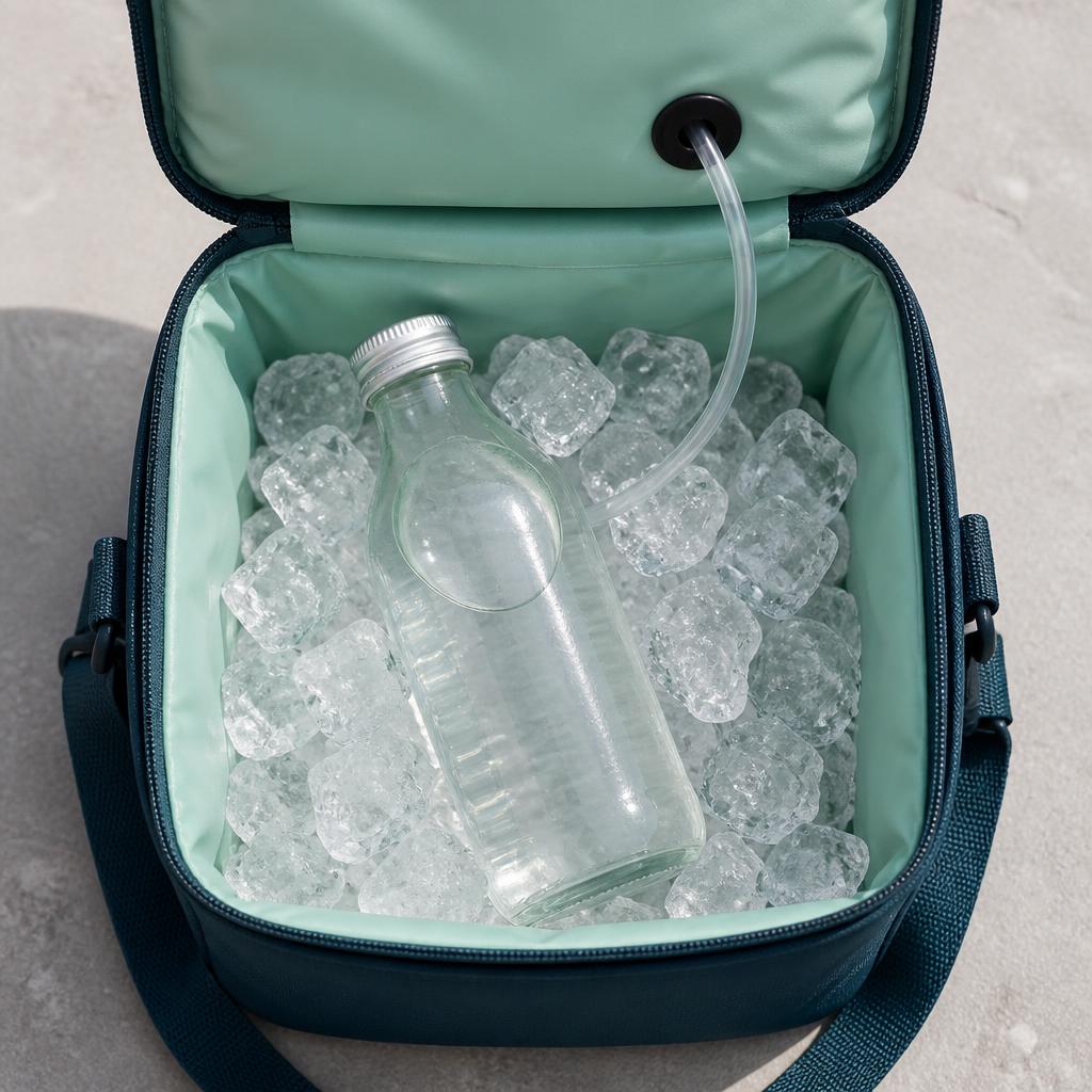 Geöffnete Kühltasche von oben mit 0,5-Liter-Flasche im Eis und Trinkschlauch.
